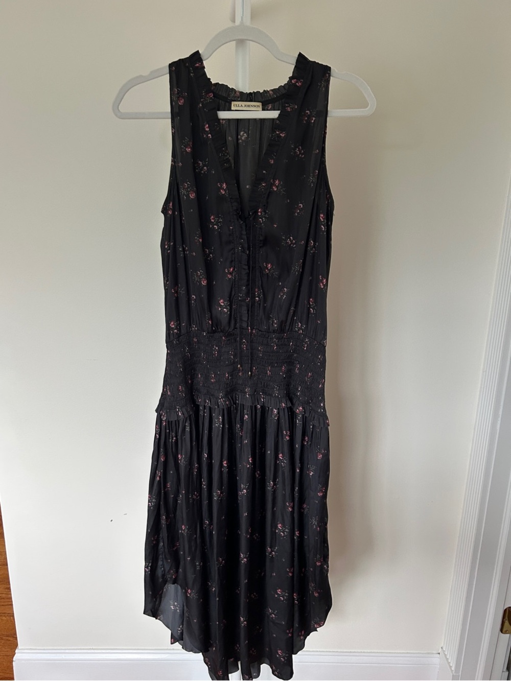 Ulla Johnson Black Midi Dress with Pink Floral Print